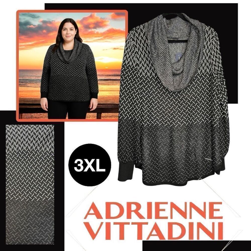 NWT Adrienne Vittadini Women’s Plus Size 3XL Cowl Neck Sweater in Black & Gray